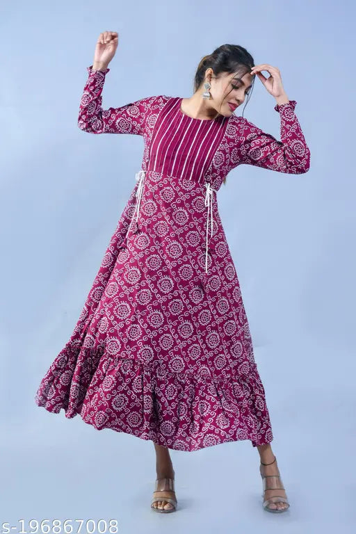 Gorgeous rayon wine-tiered gown with long sleeves and printed pattern, perfect for special events