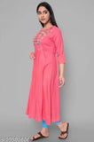 Women's viscose rayon A-line kurta with embroidered sleeves, three-quarter length, India-made by Anita Choudhary