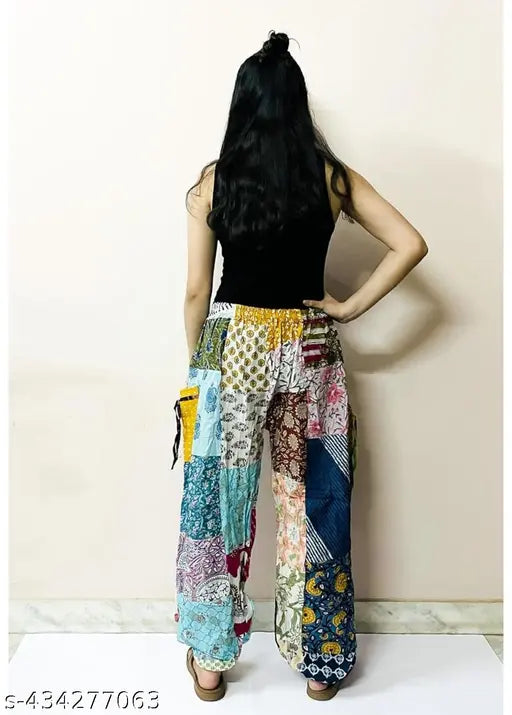 Full printed patchwork cotton trousers, solid pattern, free size, comfortable for daily wear - Made in India