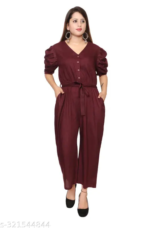 Maroon rayon long jumpsuit with puff sleeves, V-neck closure, and pockets. Trendy women's fashionable one-piece outfit