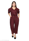 Maroon rayon long jumpsuit with puff sleeves, V-neck closure, and pockets. Trendy women's fashionable one-piece outfit
