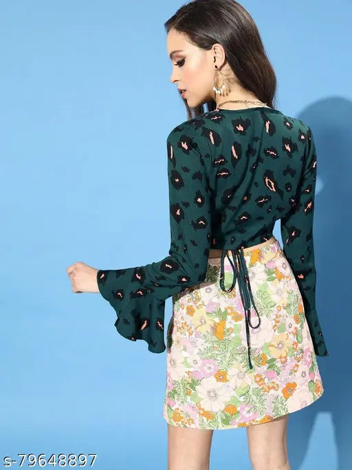 Dark green printed crop top with cheetah pattern on crepe fabric, suitable for teens and parties. Made in India