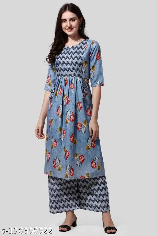 Beige floral print Rayon kurta set with palazzos, V-neckline, three-quarter sleeves, front slit, and sequin accents. Ideal for casual outings, India origin