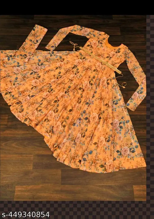 Georgette Trandy Haldi Chandan Design Three-Quarter Sleeve Printed Kurti, Indian women's fashion on model