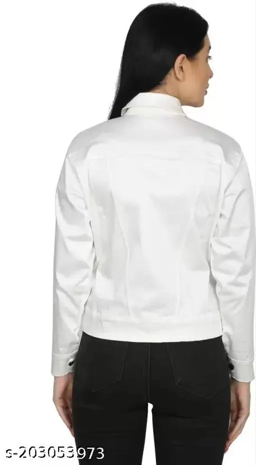 Women's solid denim full sleeve comfort-fit regular collar jacket, available in sizes S-XL. Long sleeves and denim fabric