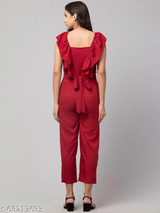 Sleeveless women's poly crepe jumpsuit, solid net, made in India - versatile fashion essential