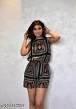 Short black rayon jumpsuit with printed net pattern, sleeveless and versatile for XS to XXL sizes