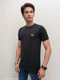 Black cotton blend half-sleeve t-shirt, trendy and classic round neck design for men, double stitching for durability, regular fit, standard length, solid color. Made in India by Caimbros
