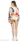 Pink and white retro-style women's top & bottom set, polyester fabric, long sleeves, round neck, abstract print shorts with slip on closures. Comfortable nightwear from fashion hub, India