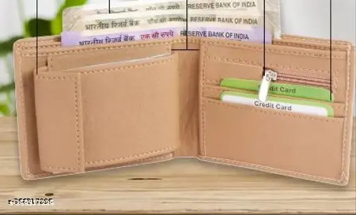 Cream faux leather bi-fold wallet, 2 compartments for daily use by men, India origin