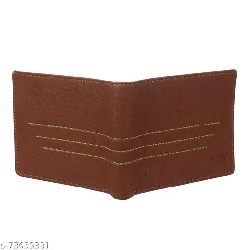 Tan PU leather wallet for men, textured design with 3 card slots and 2 hidden pockets, regular size (9cm x 11cm), made in India