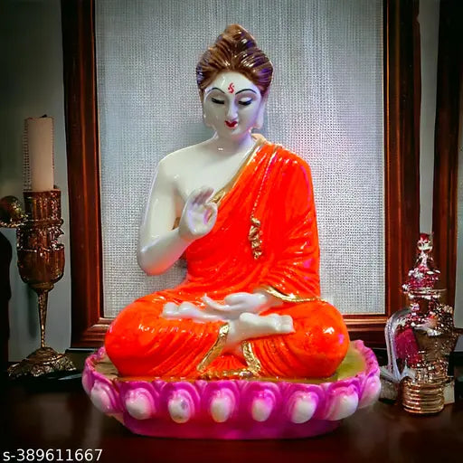 Orange polyresin meditating Buddha statue for home decor, 17cm L x 21cm H x 10cm B
