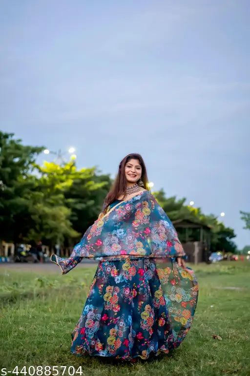 Printed Georgette long sleeve gown for women (India), size XS-XXL