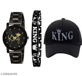 Stylish cotton King Analog watch, bracelet, and cap combo for boys - set of 3 from India