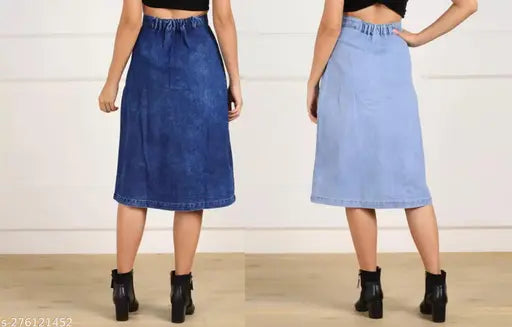 Versatile women's denim A-line skirt set, light and dark combo detailing, sizes 28-40, solid pattern, Indian origin