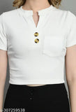 White Lycra solid mandarin collar women's t-shirt with keyhole neck, short sleeves, and comfortable fit. Available in sizes S-XL for versatile styling with jeans or skirts. Made in India