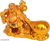 Resin gold Vastu Feng Shui Potli Laughing Buddha with wealth bag, enhances prosperity and good luck for home office decor