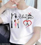 White polyester men's alphabet t-shirt with 'I LOVE YOU' design, short sleeves, printed heart tree love never ends