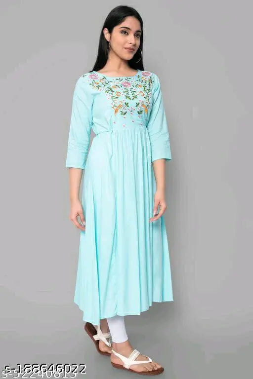 Rayon embroidered kurti, Aishani @Drishyan Indian party wear for women, three-quarter sleeves