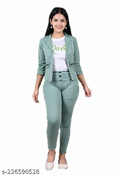 Mint green cotton blend dress for girls, solid pattern with three-quarter sleeves. Includes jacket and pant set, trendy fashion for 12-13 years old. Made in India