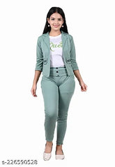 Mint green cotton blend dress for girls, solid pattern with three-quarter sleeves. Includes jacket and pant set, trendy fashion for 12-13 years old. Made in India