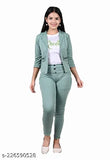 Mint green cotton blend dress for girls, solid pattern with three-quarter sleeves. Includes jacket and pant set, trendy fashion for 12-13 years old. Made in India