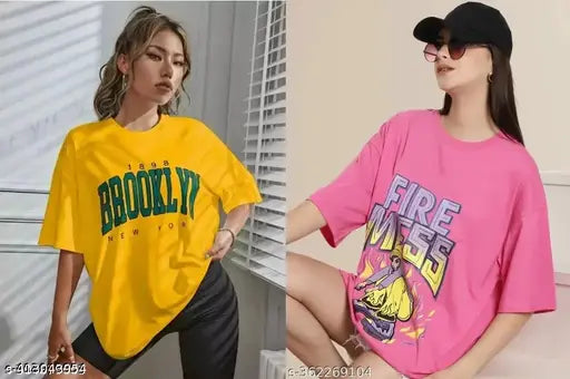 Oversized women's cotton blend t-shirt combo with three-quarter sleeves and printed design, available in S, M, L, XL, XXXL, 4XL from India