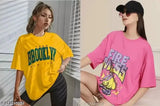 Oversized women's cotton blend t-shirt combo with three-quarter sleeves and printed design, available in S, M, L, XL, XXXL, 4XL from India