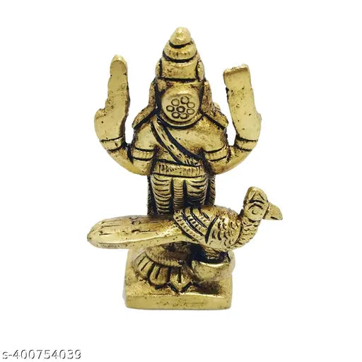 Small brass gold Murugar statue, Kartikeya idol, Subrahmanya Swami, Indian crafted deity figurine, 3x3x6 inches