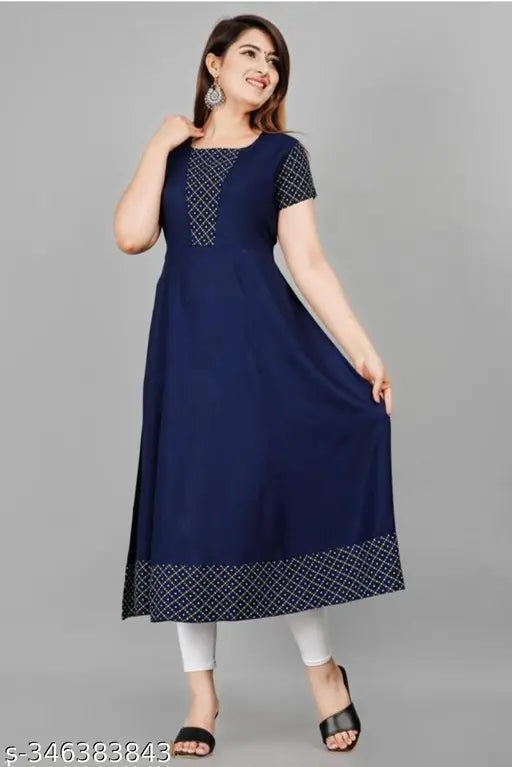 Blue embroidered rayon Anarkali kurtis, high-quality Indian fashion for women