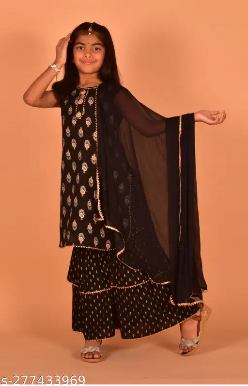 Misbis girls printed rayon kurta and sharara set with dupatta, suitable for weddings, parties, festivals