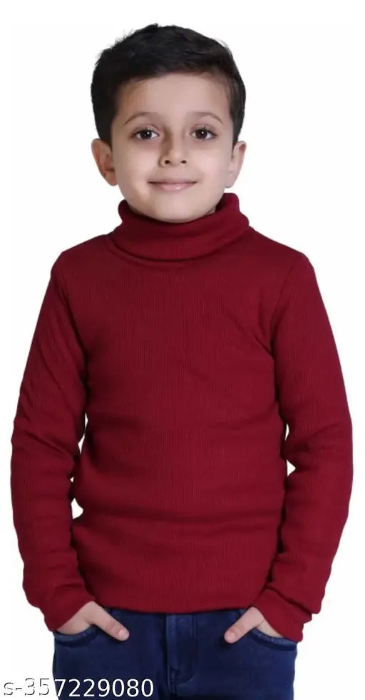 Red wool high neck sweater for boys, solid color with pink and black accents