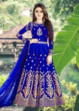 Stylish embroidered Georgette Net Manohari gown in vibrant Indian colors, semi-stitched fashion dress