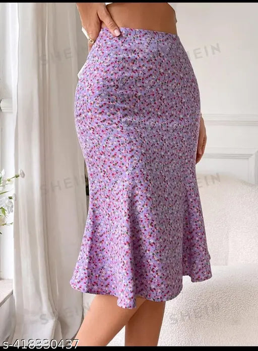 Women's purple printed midi skirt with tie-up detail, high-rise side slit, and slip-on closure. Dyed/washed polyester fabric, 95% cotton, 5% elastane. Floral print, straight hem, knee length. Size: 26, 28, 30, 32. Made in India