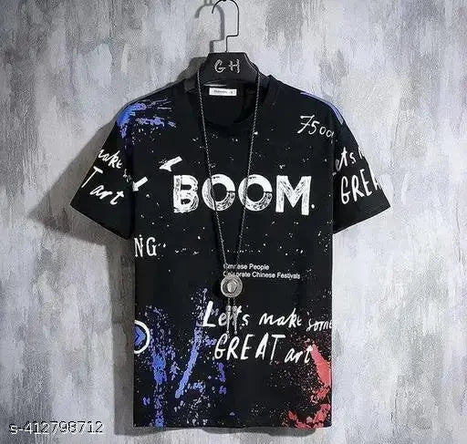 Trendy printed men's casual polyester tee, cotton sleeves, size M (38in chest, 26in length), India origin