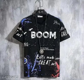 Trendy printed men's casual polyester t-shirt, short sleeves, cotton fabric, M (Chest 38in, Length 26in), L (Chest 40in, Length 27in). Indian-made, patterned apparel for fashionable men