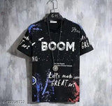 Trendy printed men's casual polyester tee, cotton sleeves, size M (38in chest, 26in length), India origin