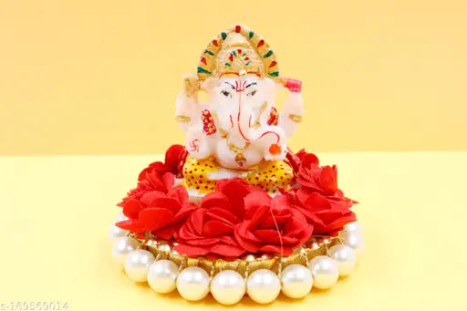 Marble Ganesh Laxmi Idol pair, detailed hand-painted resin statues for Diwali Pooja home decor (9cm x 9cm x 9cm)