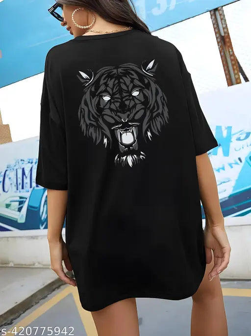 White cotton blend oversized loose-fit t-shirt with cork print & half sleeve, ideal for women's fashion