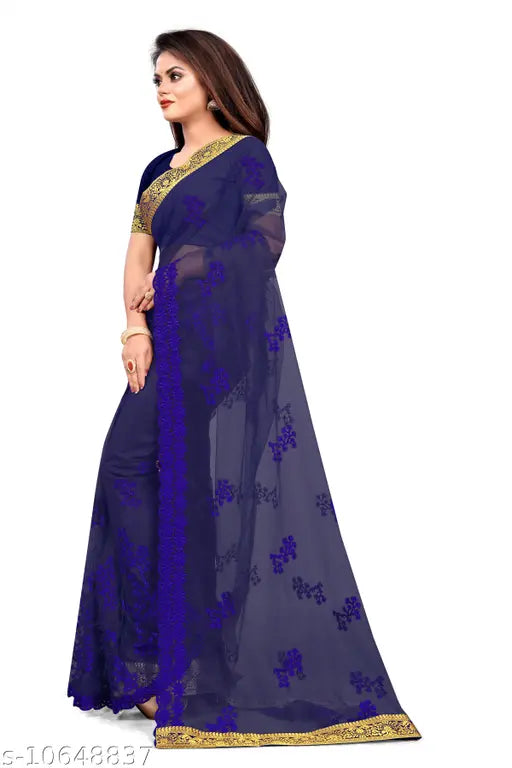 Embroidered net saree with satin blouse, attractive Indian women's traditional wear in free size (6.3m length)