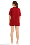 Maroon printed cotton nightsuit set (top & shorts), offering premium comfort for women's leisure and sleep. Indian origin
