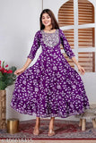 Multicolor print rayon Anarkali gown with embroidery, three-quarter sleeves, trending for women and girls, suitable for parties, festivals, office wear, and daily wear. Indian traditional design