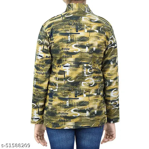 Cotton white printed girls jacket with attached yellow shrug, solid pattern, comfortable and lightweight for casual and festive wear (size 5-16 years)