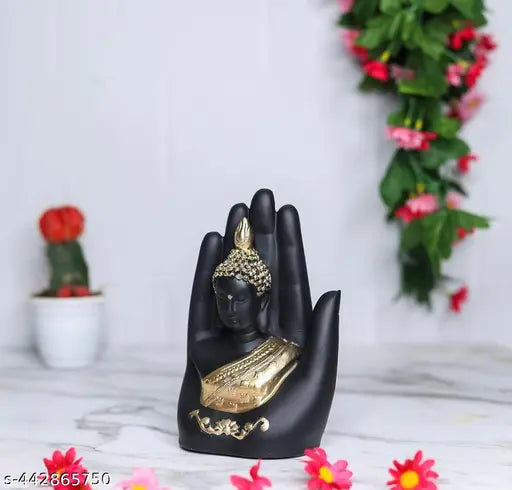 Handcrafted resin Golden Palm Buddha Showpiece, ideal for home office and gifts. Perfect for Diwali, anniversaries, birthdays, or housewarming gifts in Indian living room decor