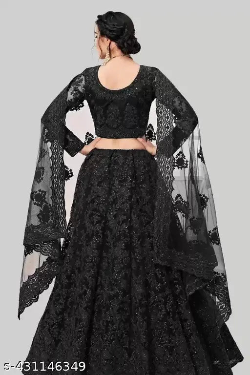 Black net thread embroidered lehenga set, semi-stitched with 42" waist and 44" length, embellished dupatta from India
