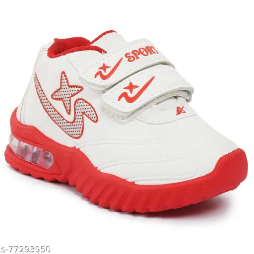 Stylish unisex kids' LED shoe (T101WhiteRed), synthetic leather sport shoe with velcro fastening and flexible non-skid sole for party/dance/festival wear. Ideal for birthday, Thanksgiving, Halloween, Christmas celebrations. Made in India