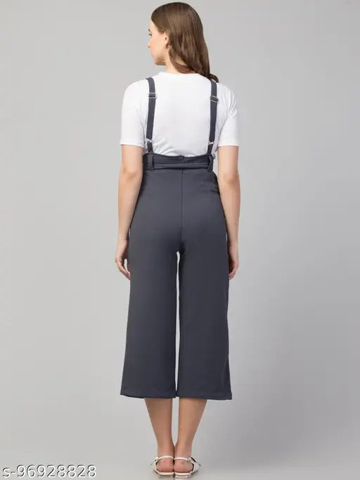 Grey polyester dungaree with white t-shirt for women on a clothing hanger