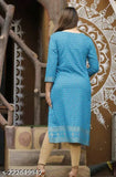 Aqua print rayon kurti with three-quarter sleeves, sky blue and colorful combo design for women's fashion