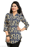 Blue and yellow crepe printed kurti top by Aakarsha, three-quarter sleeves for women's size S to XXXL, Indian origin