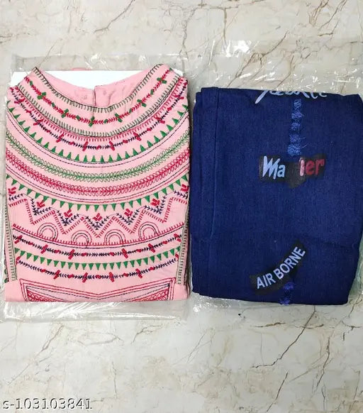 Cotton embroidered top with denim pant for women, blended fabric and short sleeves